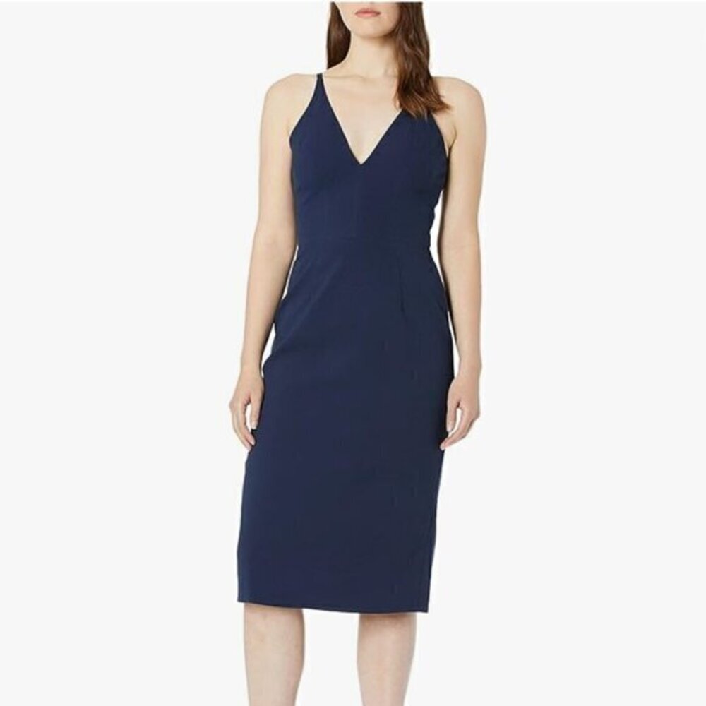 Dress the Population Lyla Sleeveless Midi Sheath Dress in Navy Midnight Blue